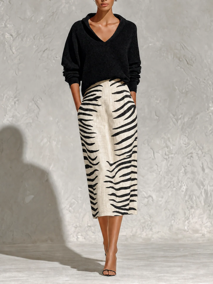 Stylish Zebra Print Two Piece Set for Women with V Neck Knit Top High Waist Midi Skirt Linen Style