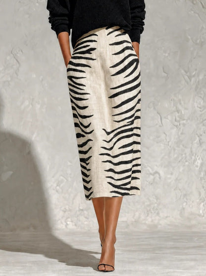 Stylish Zebra Print Two Piece Set for Women with V Neck Knit Top High Waist Midi Skirt Linen Style