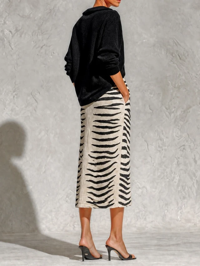 Stylish Zebra Print Two Piece Set for Women with V Neck Knit Top High Waist Midi Skirt Linen Style