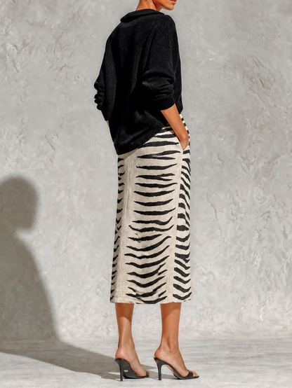 Stylish Zebra Print Two Piece Set for Women with V Neck Knit Top High Waist Midi Skirt Linen Style