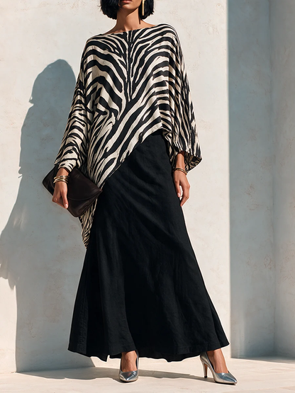 Bold Black Zebra Two Piece Set for Women with Asymmetrical Top Draped High Waist Maxi Skirt Statement Style