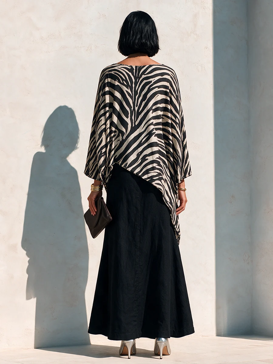 Bold Black Zebra Two Piece Set for Women with Asymmetrical Top Draped High Waist Maxi Skirt Statement Style