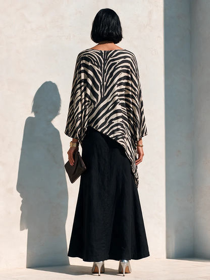 Bold Black Zebra Two Piece Set for Women with Asymmetrical Top Draped High Waist Maxi Skirt Statement Style