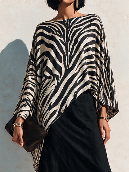 Bold Black Zebra Two Piece Set for Women with Asymmetrical Top Draped High Waist Maxi Skirt Statement Style