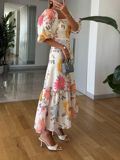 Effortless Floral Midi Dress for Women with Square Neck Puff Sleeve Tiered Flowing Sundress Style