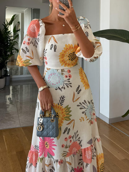 Effortless Floral Midi Dress for Women with Square Neck Puff Sleeve Tiered Flowing Sundress Style