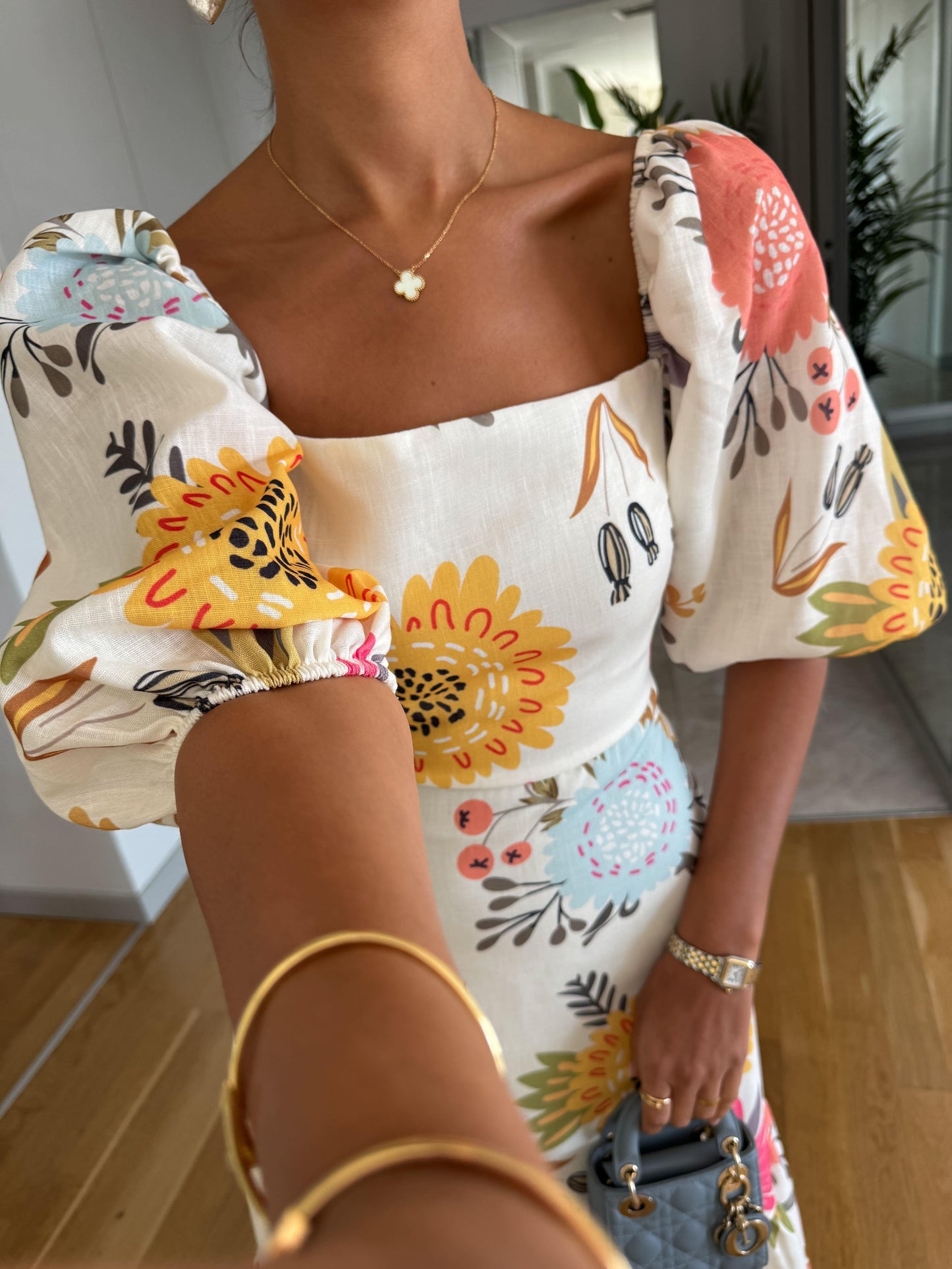 Effortless Floral Midi Dress for Women with Square Neck Puff Sleeve Tiered Flowing Sundress Style