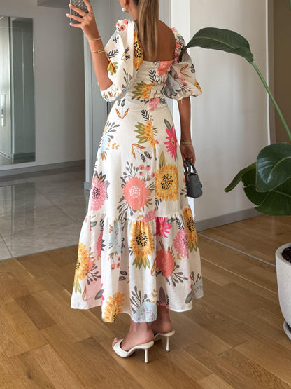 Effortless Floral Midi Dress for Women with Square Neck Puff Sleeve Tiered Flowing Sundress Style