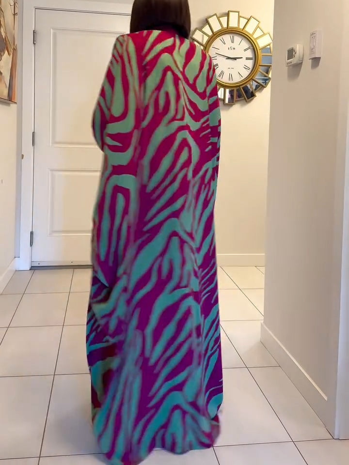 Elegant Purple Maxi Dress for Women with Zebra Print V-Neck Batwing Sleeve Kaftan Casual Style