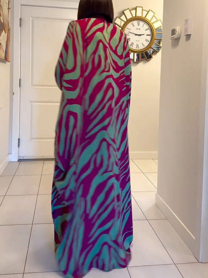 Elegant Purple Maxi Dress for Women with Zebra Print V-Neck Batwing Sleeve Kaftan Casual Style