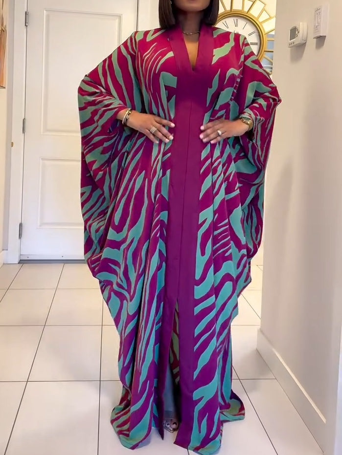 Elegant Purple Maxi Dress for Women with Zebra Print V-Neck Batwing Sleeve Kaftan Casual Style