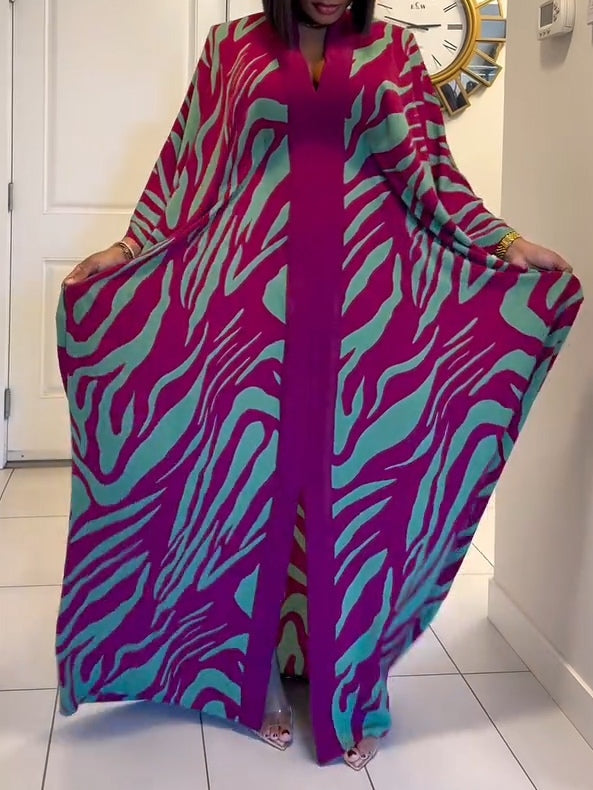 Elegant Purple Maxi Dress for Women with Zebra Print V-Neck Batwing Sleeve Kaftan Casual Style