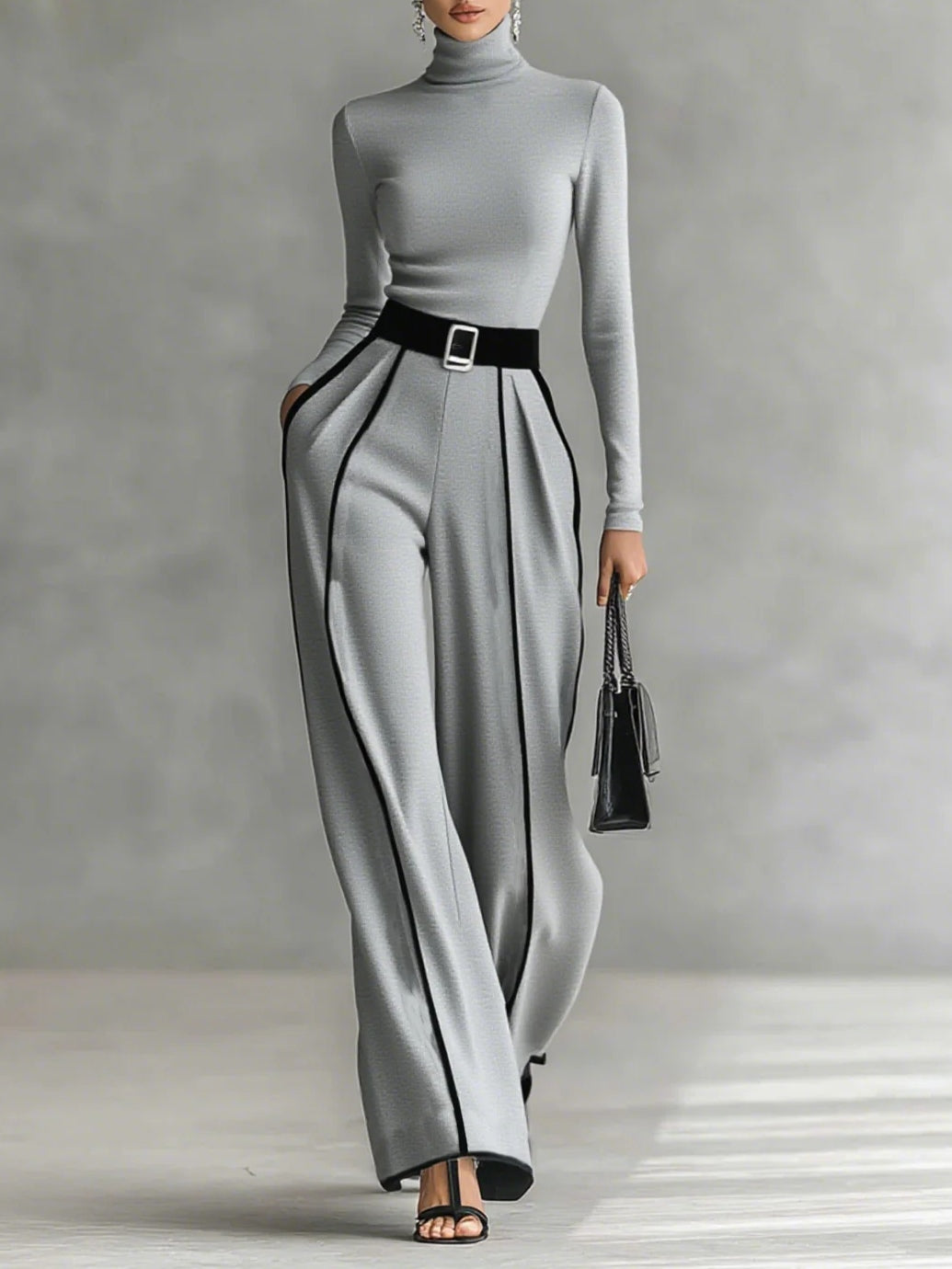 Elegant Black Wide Leg Jumpsuit for Women with Contrast Piping and Belt