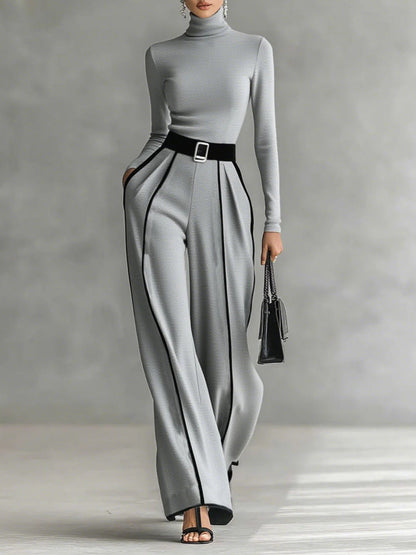 Elegant Black Wide Leg Jumpsuit for Women with Contrast Piping and Belt