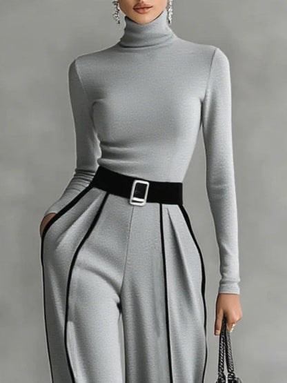 Elegant Black Wide Leg Jumpsuit for Women with Contrast Piping and Belt