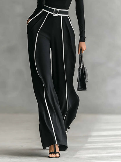 Elegant Black Wide Leg Jumpsuit for Women with Contrast Piping and Belt