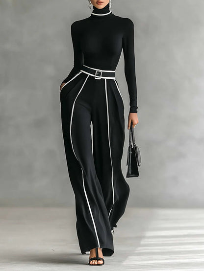 Elegant Black Wide Leg Jumpsuit for Women with Contrast Piping and Belt