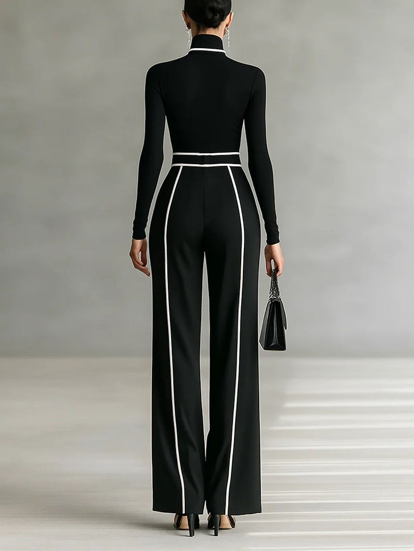 Elegant Black Wide Leg Jumpsuit for Women with Contrast Piping and Belt