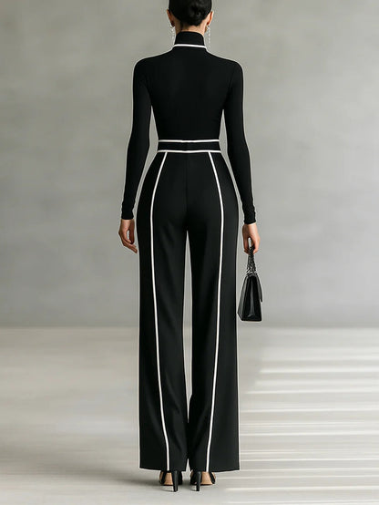 Elegant Black Wide Leg Jumpsuit for Women with Contrast Piping and Belt