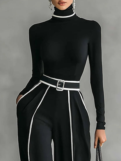 Elegant Black Wide Leg Jumpsuit for Women with Contrast Piping and Belt