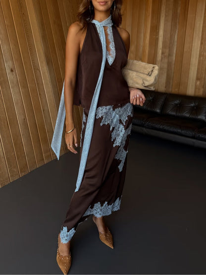 Elegant Brown Maxi Dress for Women with V Neck Halter Tie Dye Print Side Slit Flowing Style