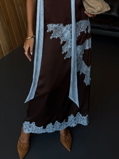 Elegant Brown Maxi Dress for Women with V Neck Halter Tie Dye Print Side Slit Flowing Style