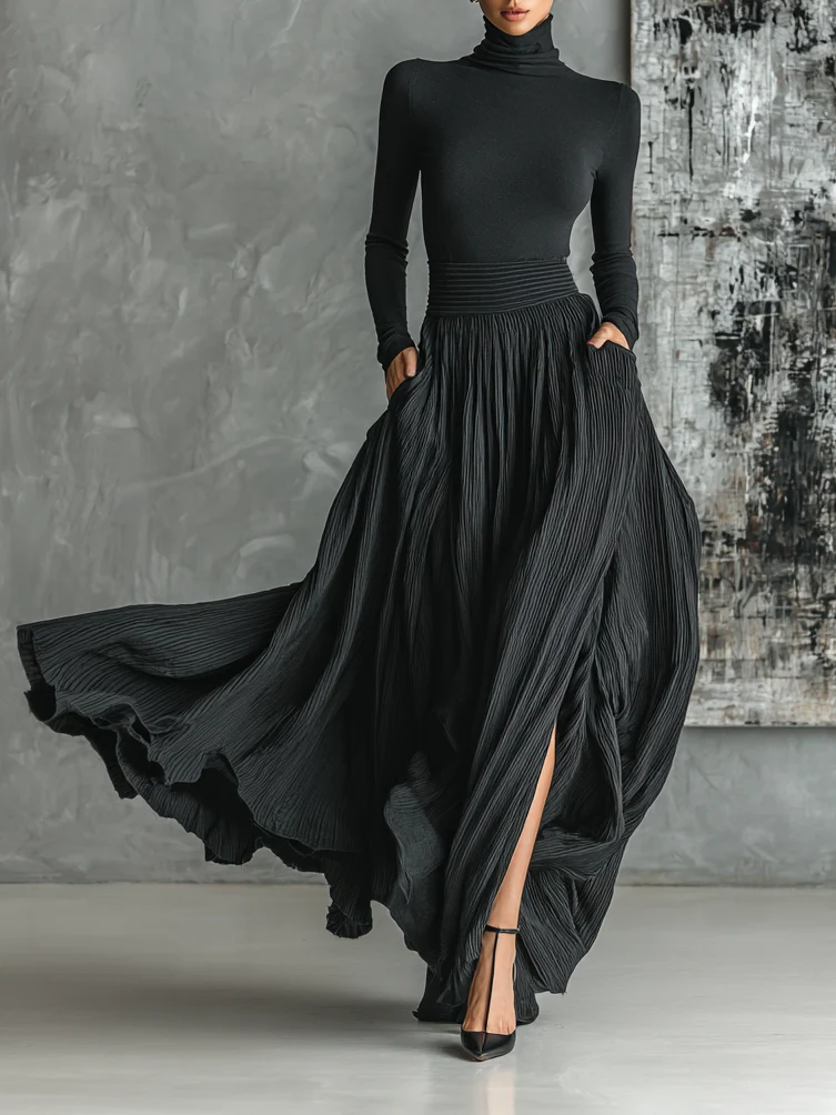 Elegant Black Formal Maxi Dress for Women with Turtleneck and Pleated Skirt