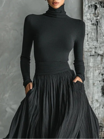 Elegant Black Formal Maxi Dress for Women with Turtleneck and Pleated Skirt