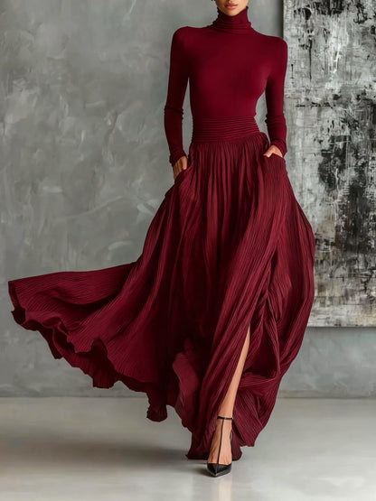 Elegant Black Formal Maxi Dress for Women with Turtleneck and Pleated Skirt