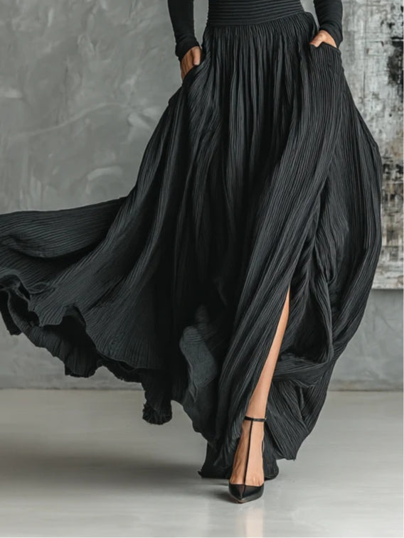 Elegant Black Formal Maxi Dress for Women with Turtleneck and Pleated Skirt