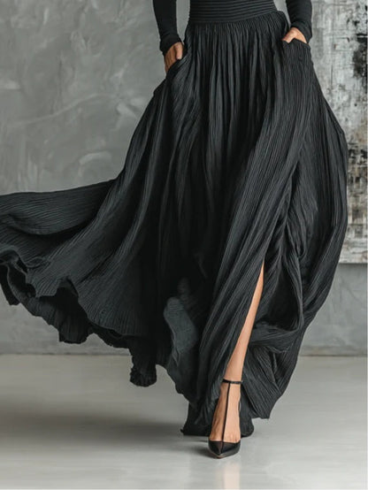 Elegant Black Formal Maxi Dress for Women with Turtleneck and Pleated Skirt