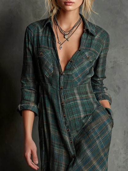 Effortless Casual Maxi Shirt Dress for Women in Plaid Style