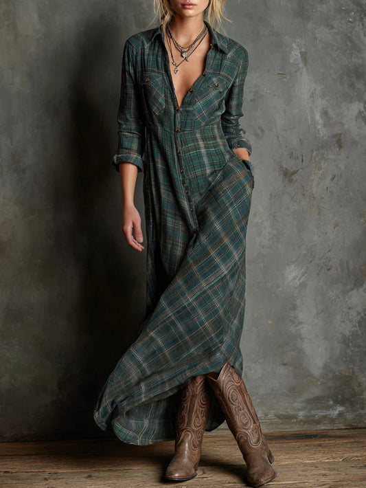 Effortless Casual Maxi Shirt Dress for Women in Plaid Style