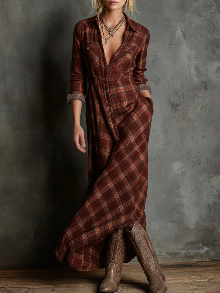 Effortless Casual Maxi Shirt Dress for Women in Plaid Style