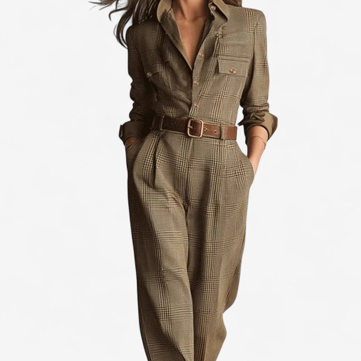 Elegant Brown Plaid Jumpsuit for Women with Collared Long Sleeve Belted Tapered Casual Style
