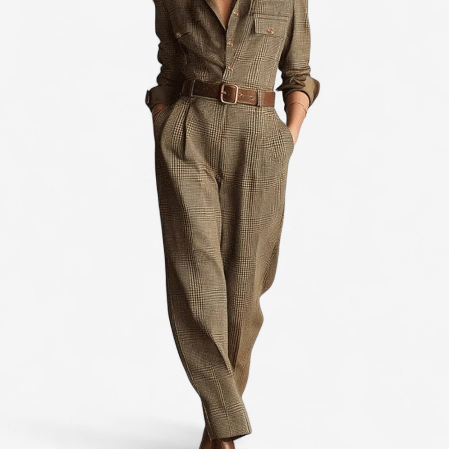 Elegant Brown Plaid Jumpsuit for Women with Collared Long Sleeve Belted Tapered Casual Style