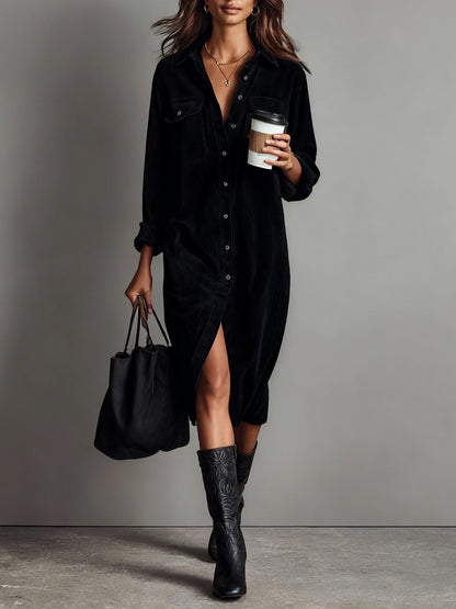 Effortless Casual Shirt Dress for Women in Corduroy Midi Style