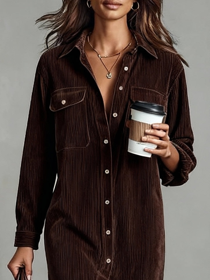 Effortless Casual Shirt Dress for Women in Corduroy Midi Style