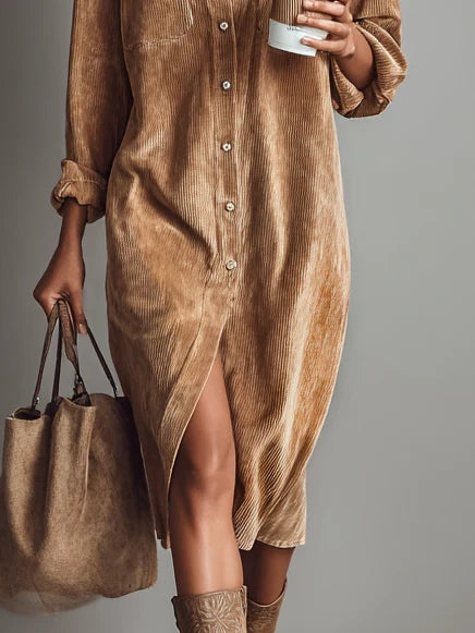 Effortless Casual Shirt Dress for Women in Corduroy Midi Style