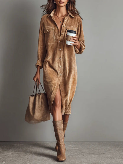 Effortless Casual Shirt Dress for Women in Corduroy Midi Style