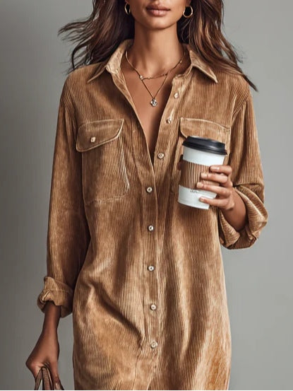 Effortless Casual Shirt Dress for Women in Corduroy Midi Style