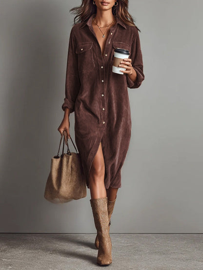 Effortless Casual Shirt Dress for Women in Corduroy Midi Style