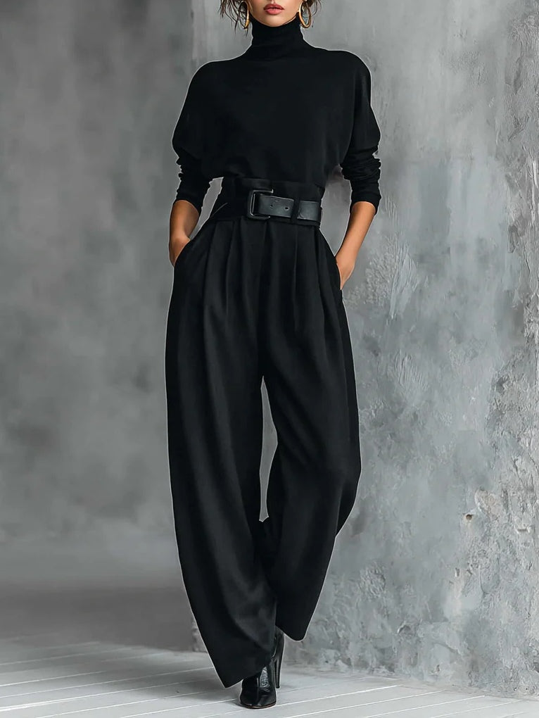 Elegant Black Turtleneck Two Piece Set for Women with Wide Leg Trousers and Belt