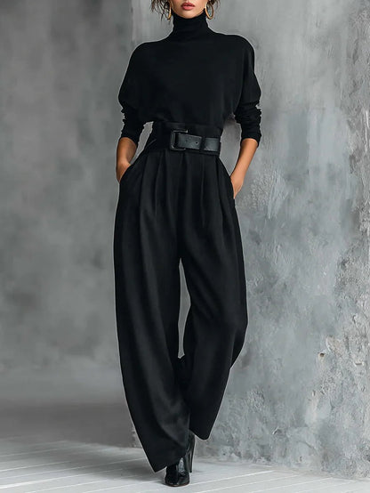 Elegant Black Turtleneck Two Piece Set for Women with Wide Leg Trousers and Belt