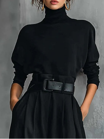 Elegant Black Turtleneck Two Piece Set for Women with Wide Leg Trousers and Belt