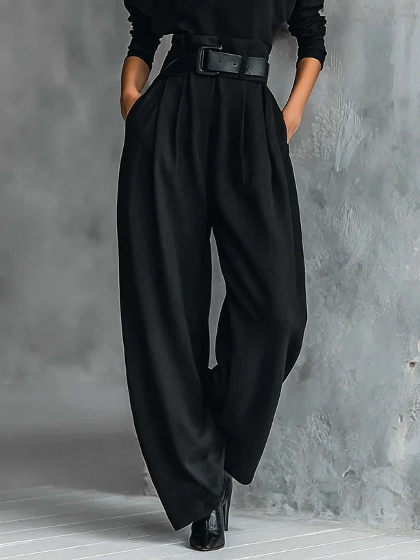 Elegant Black Turtleneck Two Piece Set for Women with Wide Leg Trousers and Belt