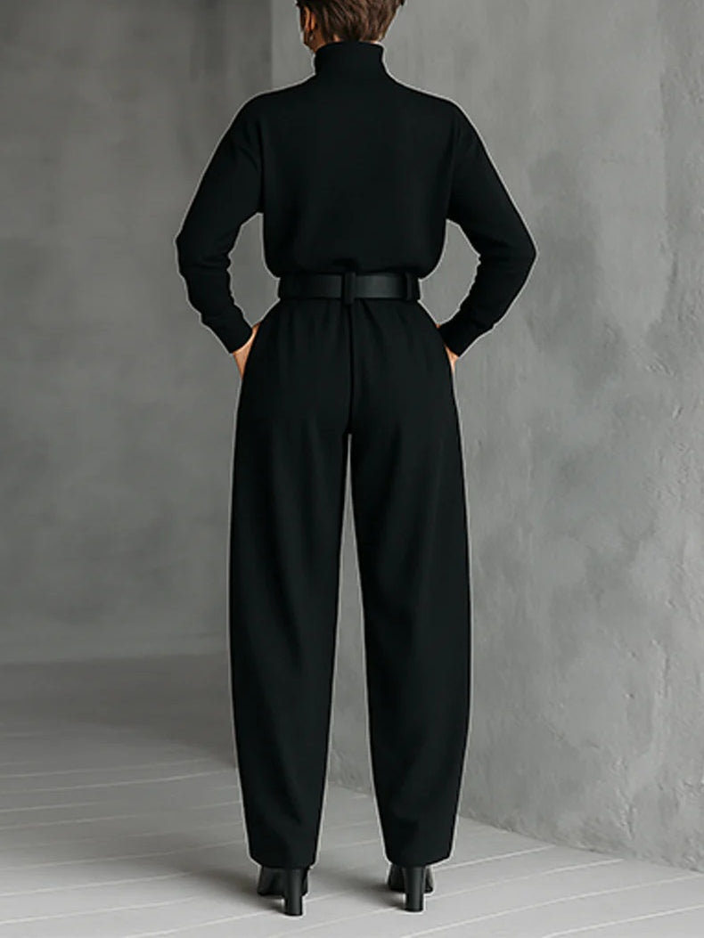 Elegant Black Turtleneck Two Piece Set for Women with Wide Leg Trousers and Belt