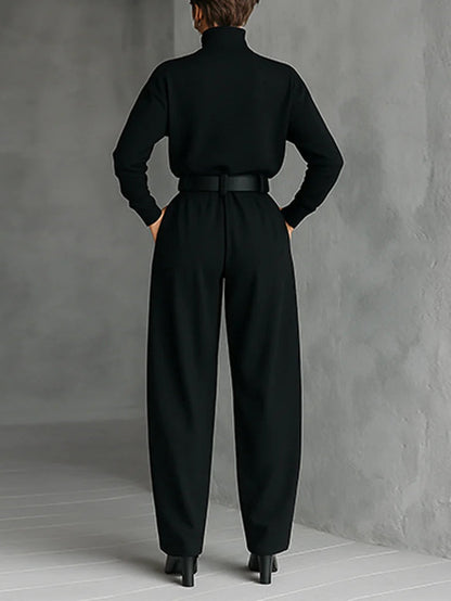 Elegant Black Turtleneck Two Piece Set for Women with Wide Leg Trousers and Belt