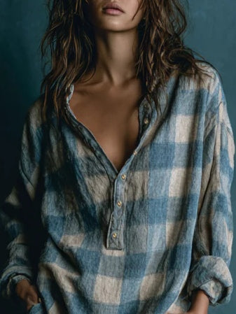 Effortless Plaid Shirt Dress for Women with Loose Henley Neck Long Sleeve