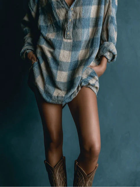 Effortless Plaid Shirt Dress for Women with Loose Henley Neck Long Sleeve
